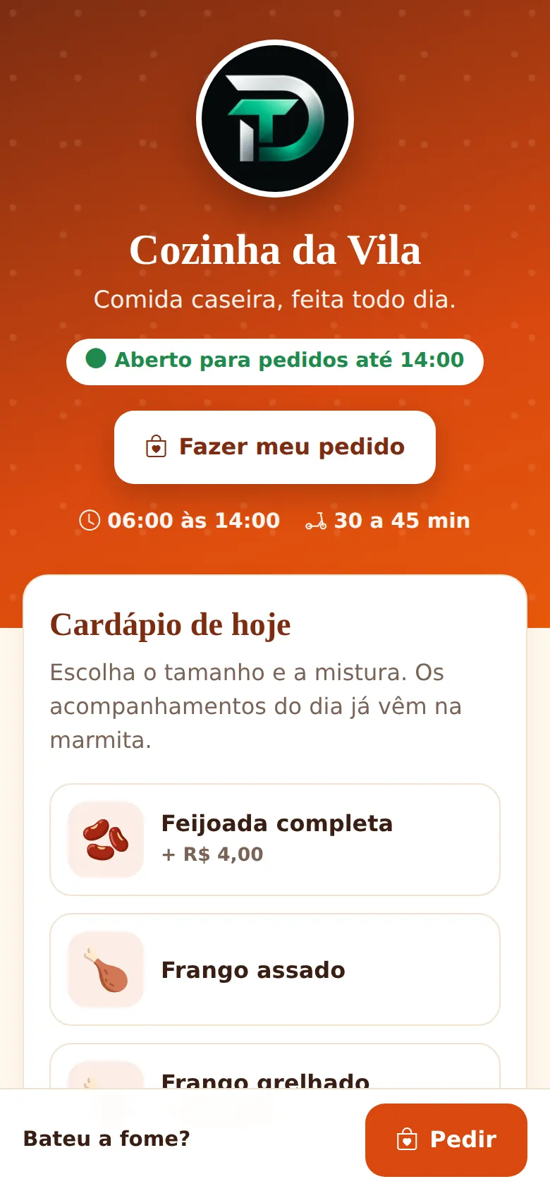 Site de cardápio de uma marmitaria de exemplo